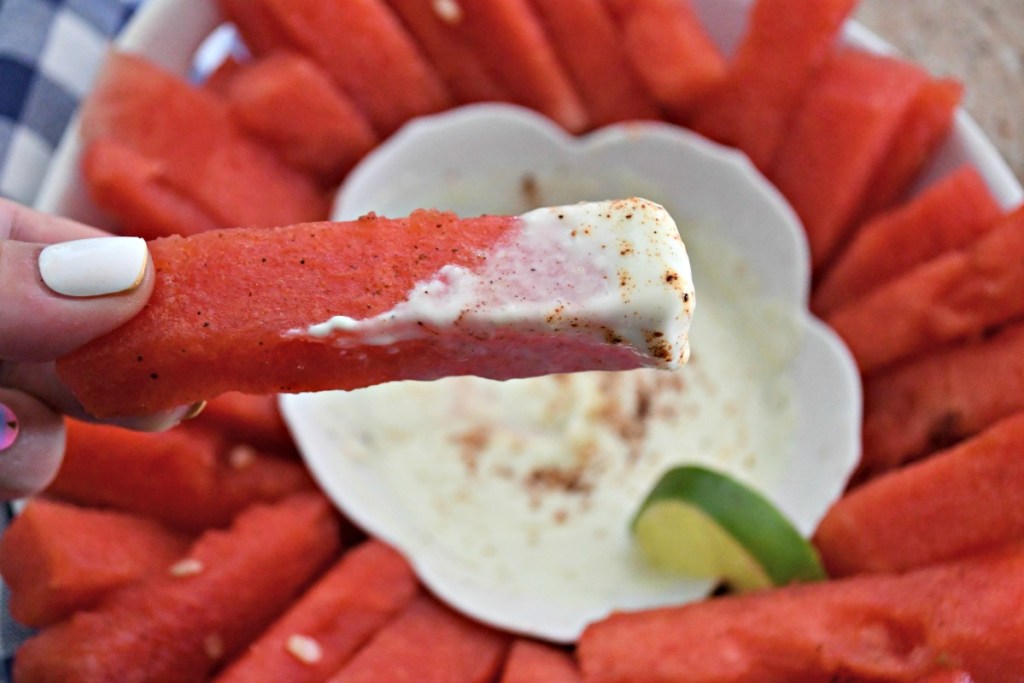 lime chile watermelon fries dipped into yogurt