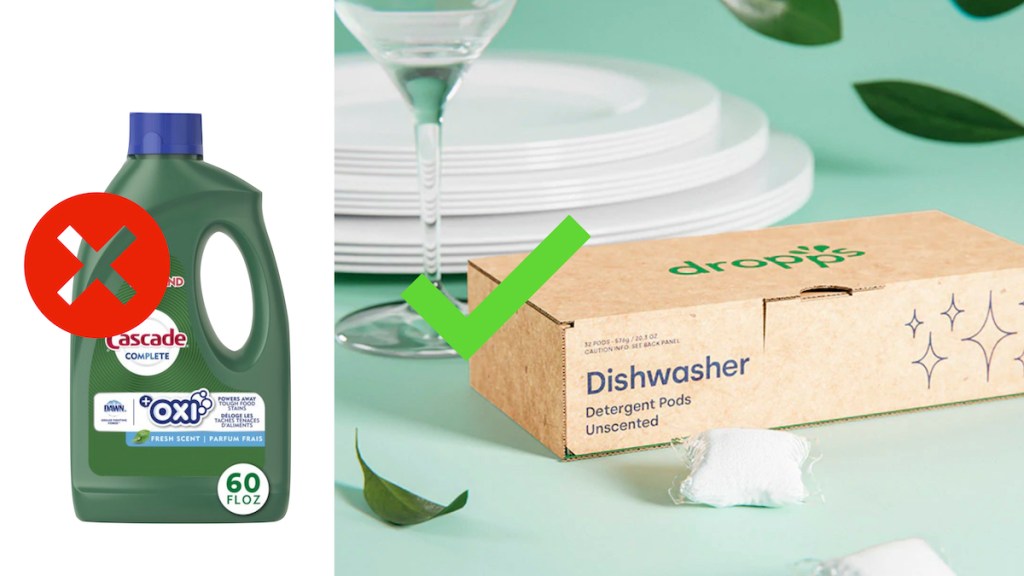 comparison of cascade with dropps dishwasher pods - natural cleaning products