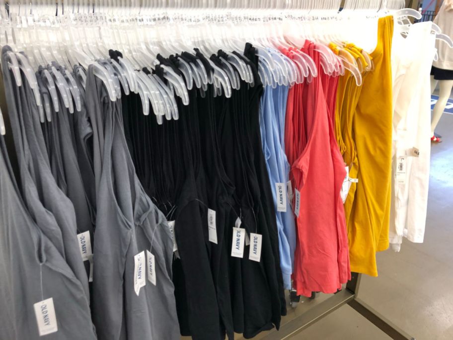 old navy womens tanks in multiple colors hanging on rack in store