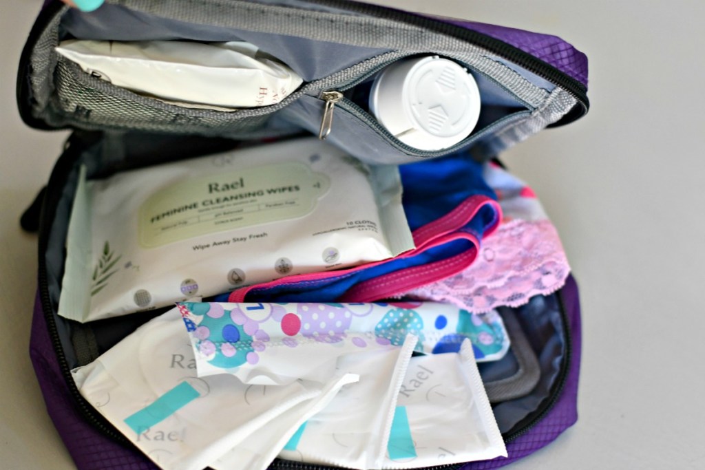 a period kit for school created with a small travel bag 