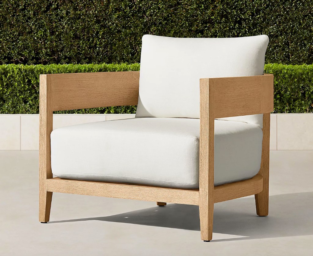 wood and white cushions outdoor patio chair 