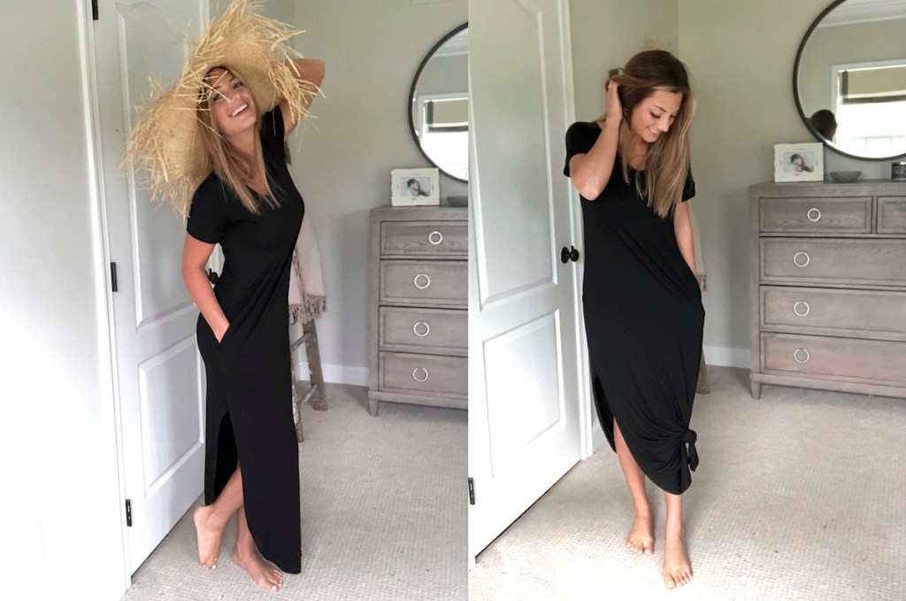 side by side photos of woman wearing black maxi dress with straw hat on head