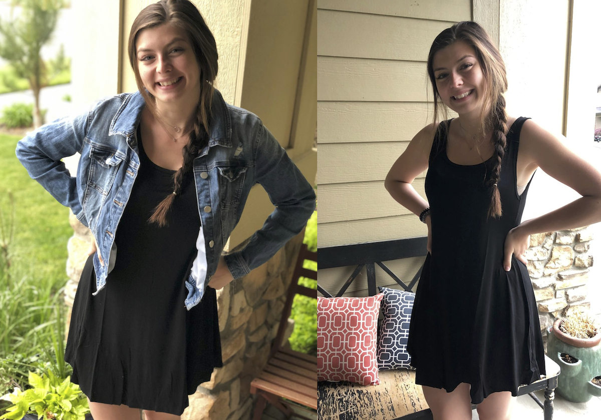 side by side of girl wearing black swing dress with jean jacket standing outside on porch
