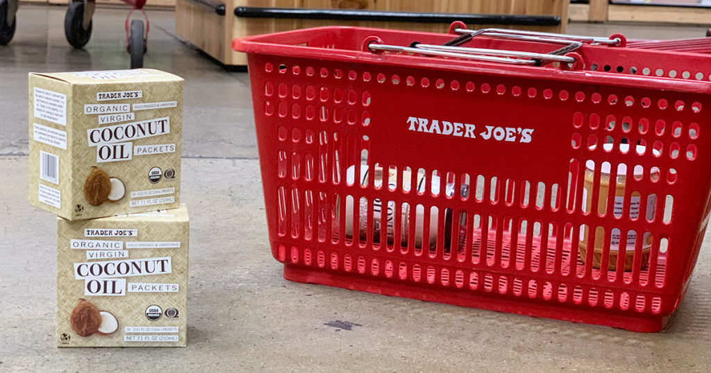 trader joes coconut oil packets next to shopping basket