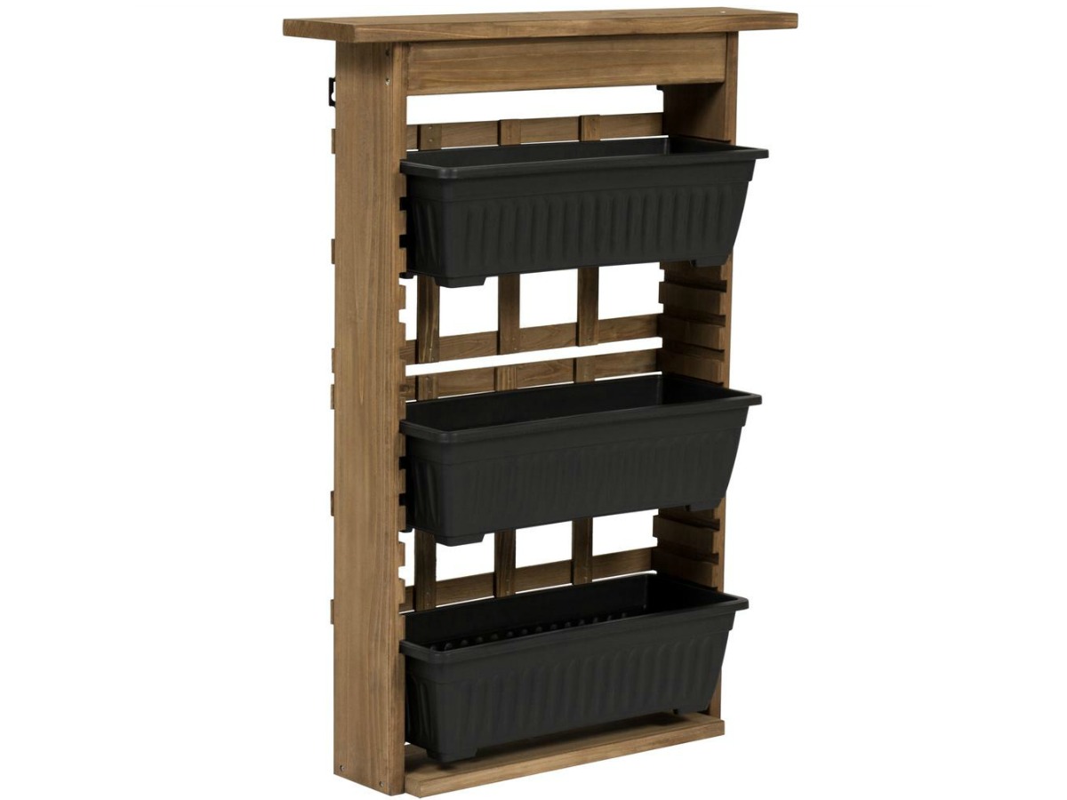 three tier wooden planter with black planter boxes