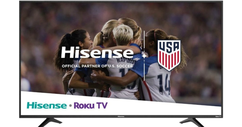 smart tv displaying USA women's soccer team hugging and the Hisense logo
