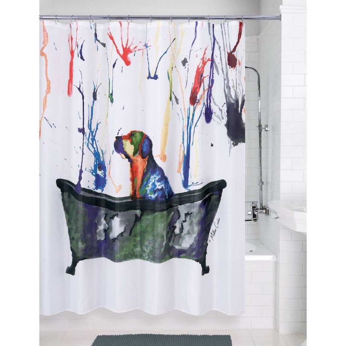 Allure Home Creation shower curtain with dog in a bathtub and multicolored paint splashes