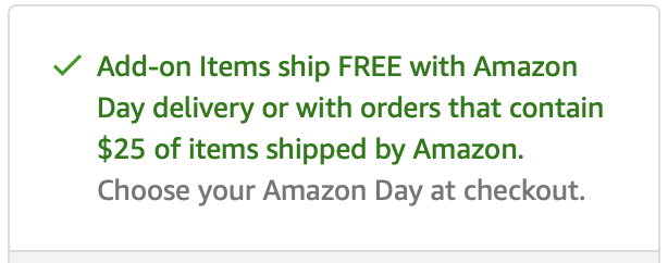 Text message stating Amazon Prime Add-On Delivery Fine Print