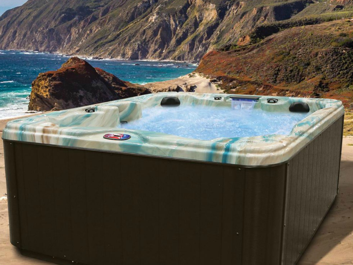 filled hot tub with blue detail