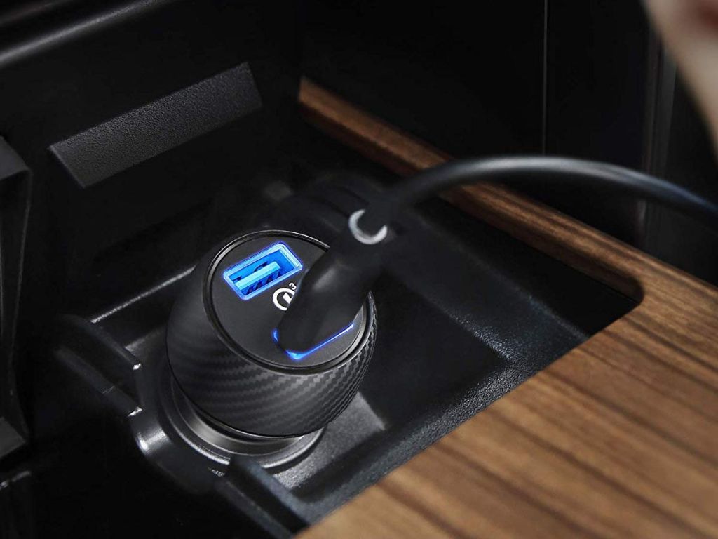 Anker dual usb car charger in car with one usb wire plugged in