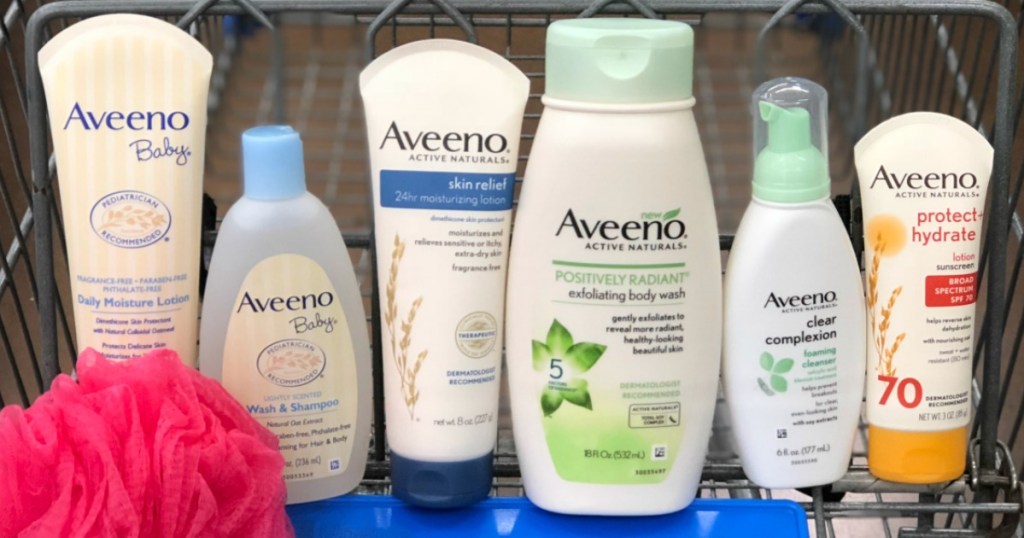 Aveeno products in cart with shower pouf