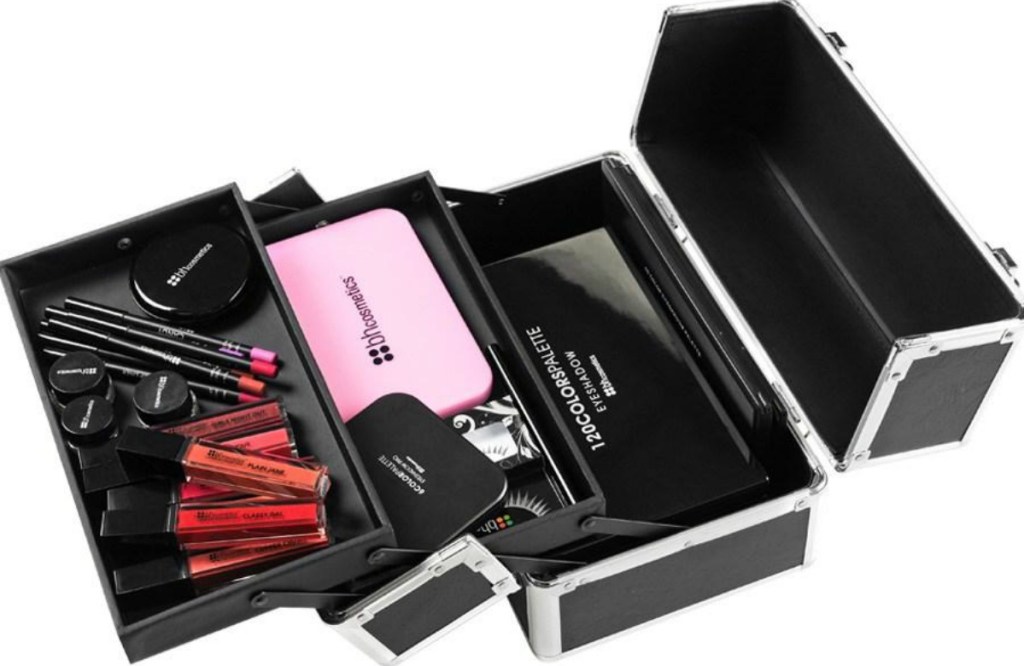 BH Cosmetics train case loaded with cosmetics