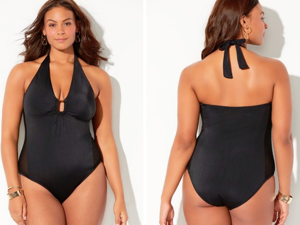 woman in black swimsuit modeling both front and back