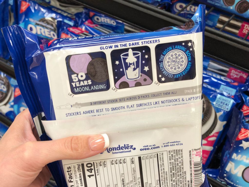 hand holding back of moon oreos showing nutritional information and sticker information