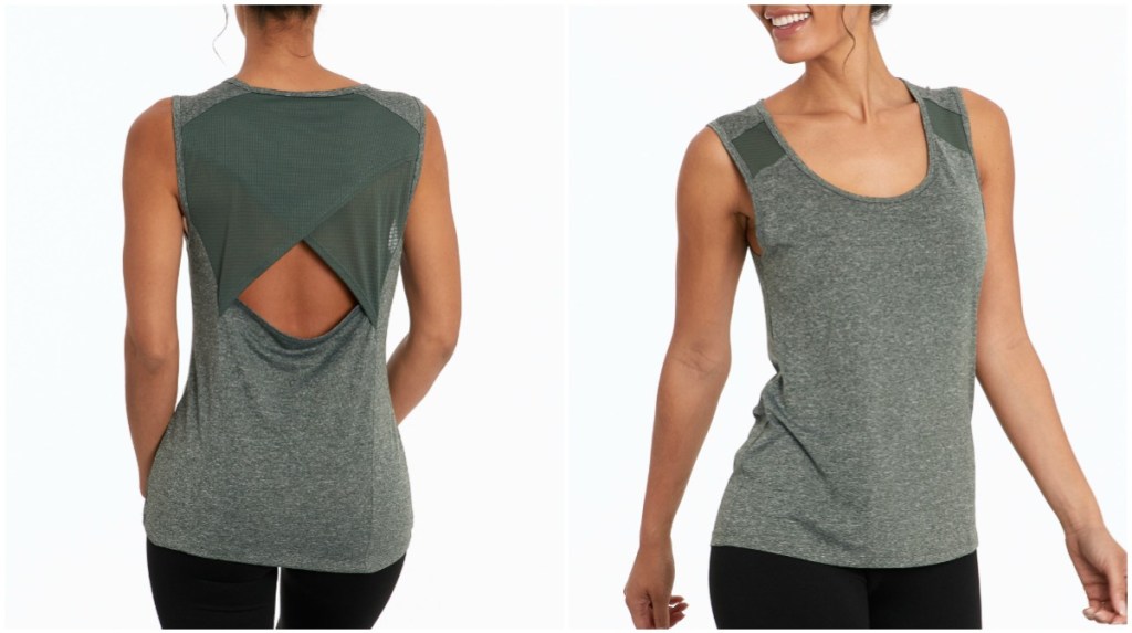Woman in dark green activewear tank top with sheer cut-out in the back