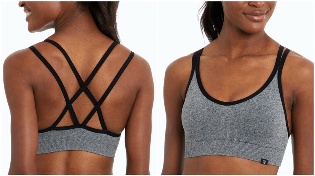 woman wearing Bally Total Fitness Sports Bra in black and gray