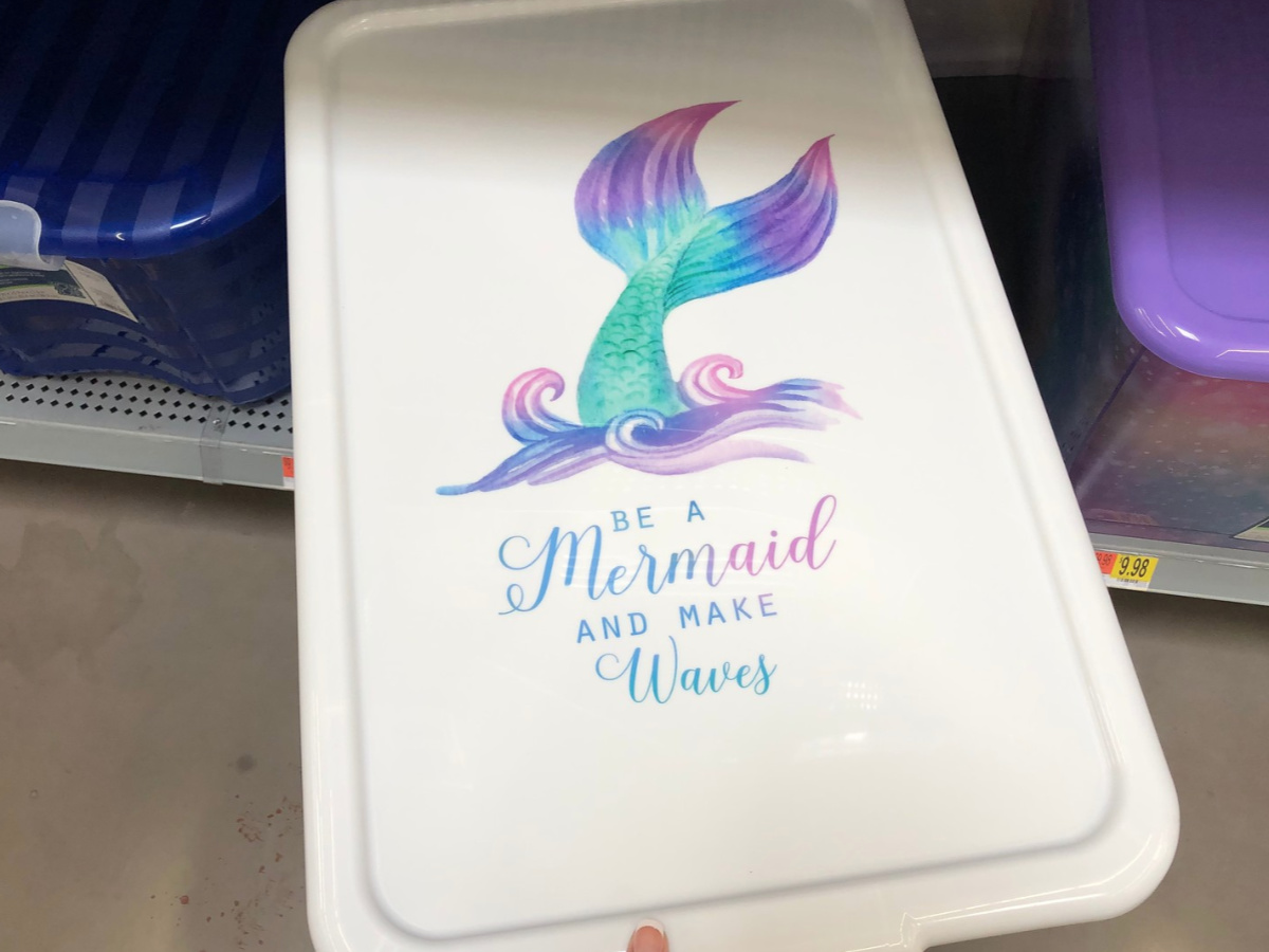 plastic lid with mermaid tail and Be a Mermaid and Make Waves quote