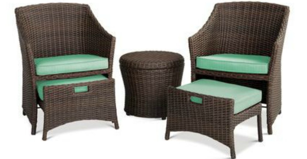 brown wicker and seafoam chat set with chairs and table