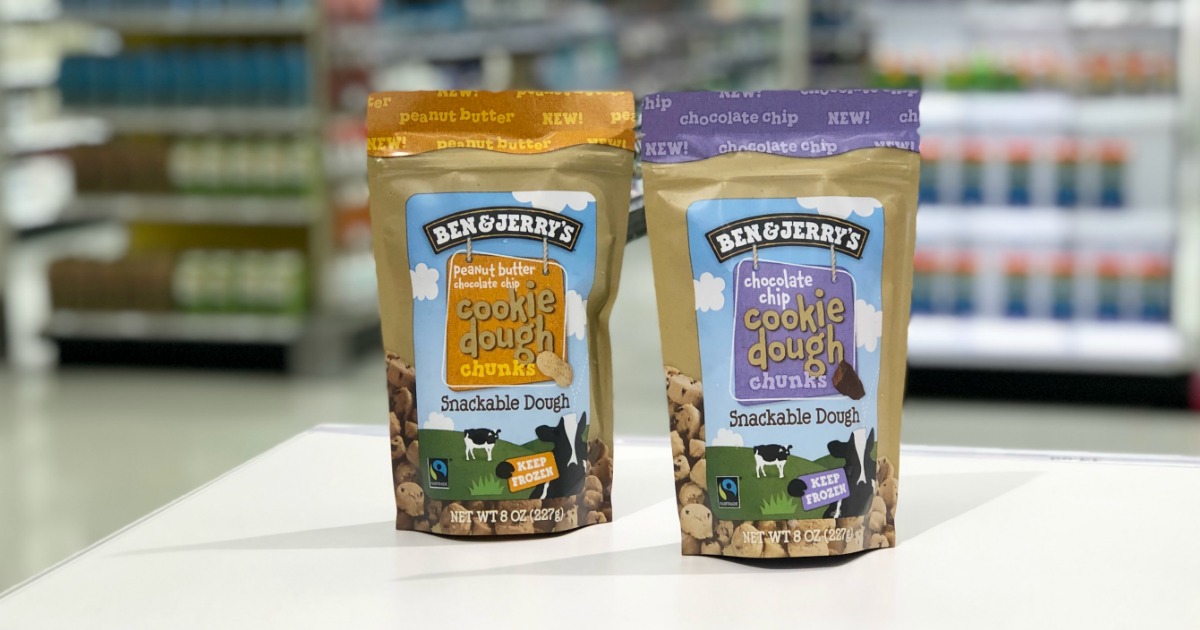 Ben & Jerry's Cookie Dough Chunks Snackable Dough bags sitting on counter