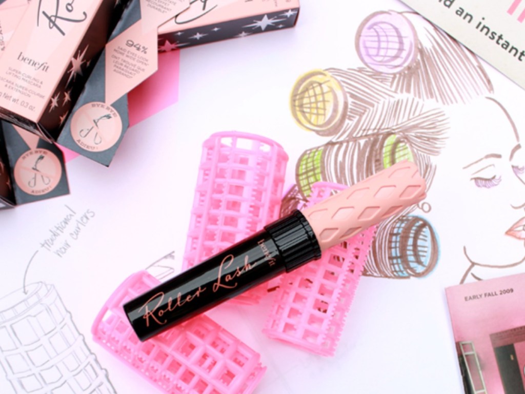 Benefit Cosmetics Roller Lash Mascara with hair rollers in background