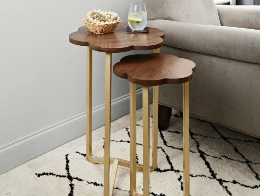 Better Homes & Gardens 2-Piece Arabella Flower Nesting Tables Set with wooden floral-shaped tops and gold legs
