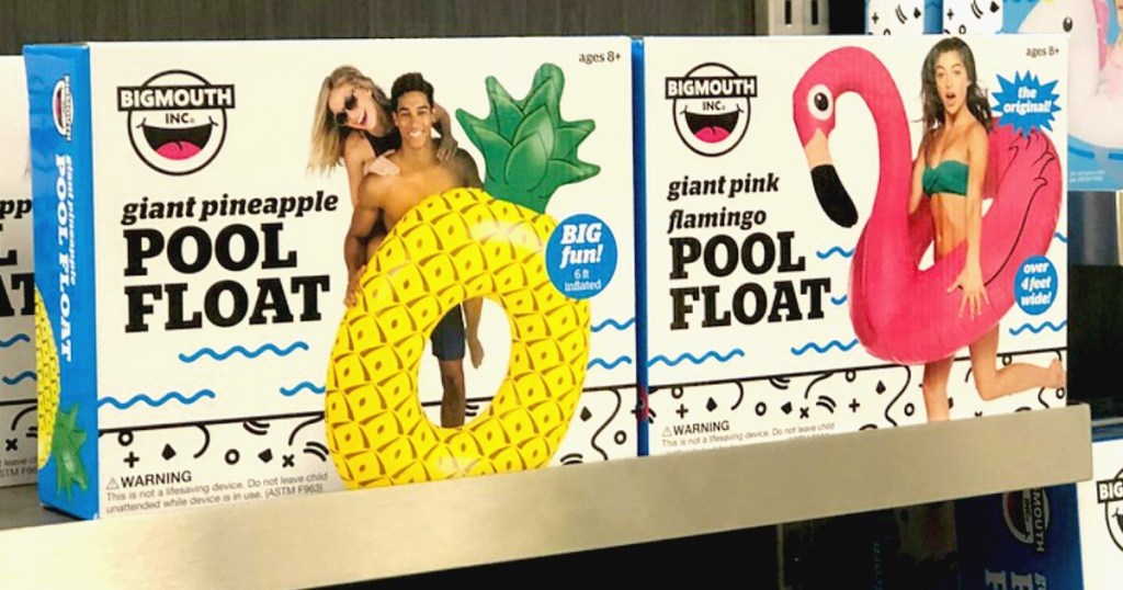 Big Mouth Pineapple and Flamingo pool floats sitting on a store shelf at Kohl's