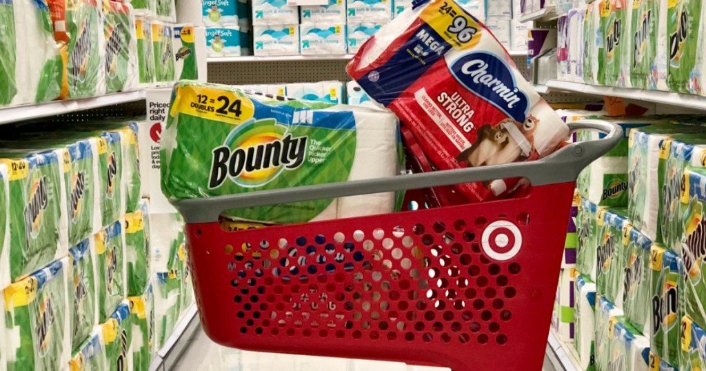 target cart filled with household essentials
