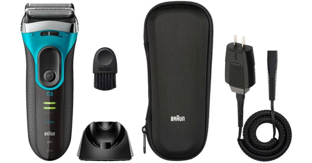 Braun shaver with components including plug and case