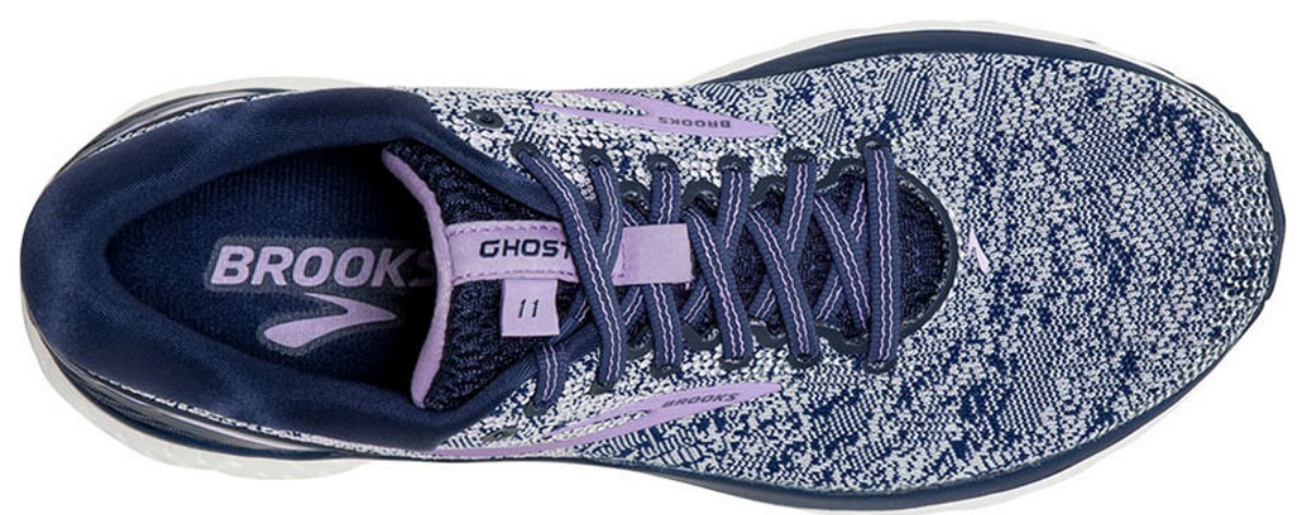 blue and white speckled Brooks running shoes viewed from the top