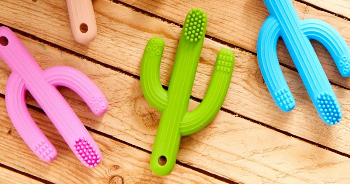 baby teethers in pink, green and blue that look like cactus