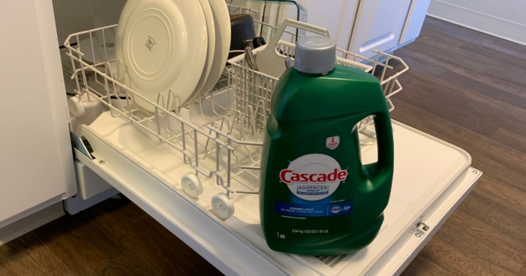 Cascade Advanced Power Liquid Dishwasher Detergent sitting atop dishwasher