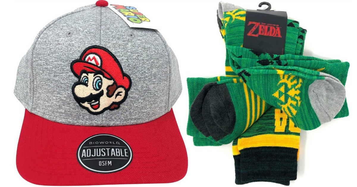 gray cap with mario character next to zelda green socks