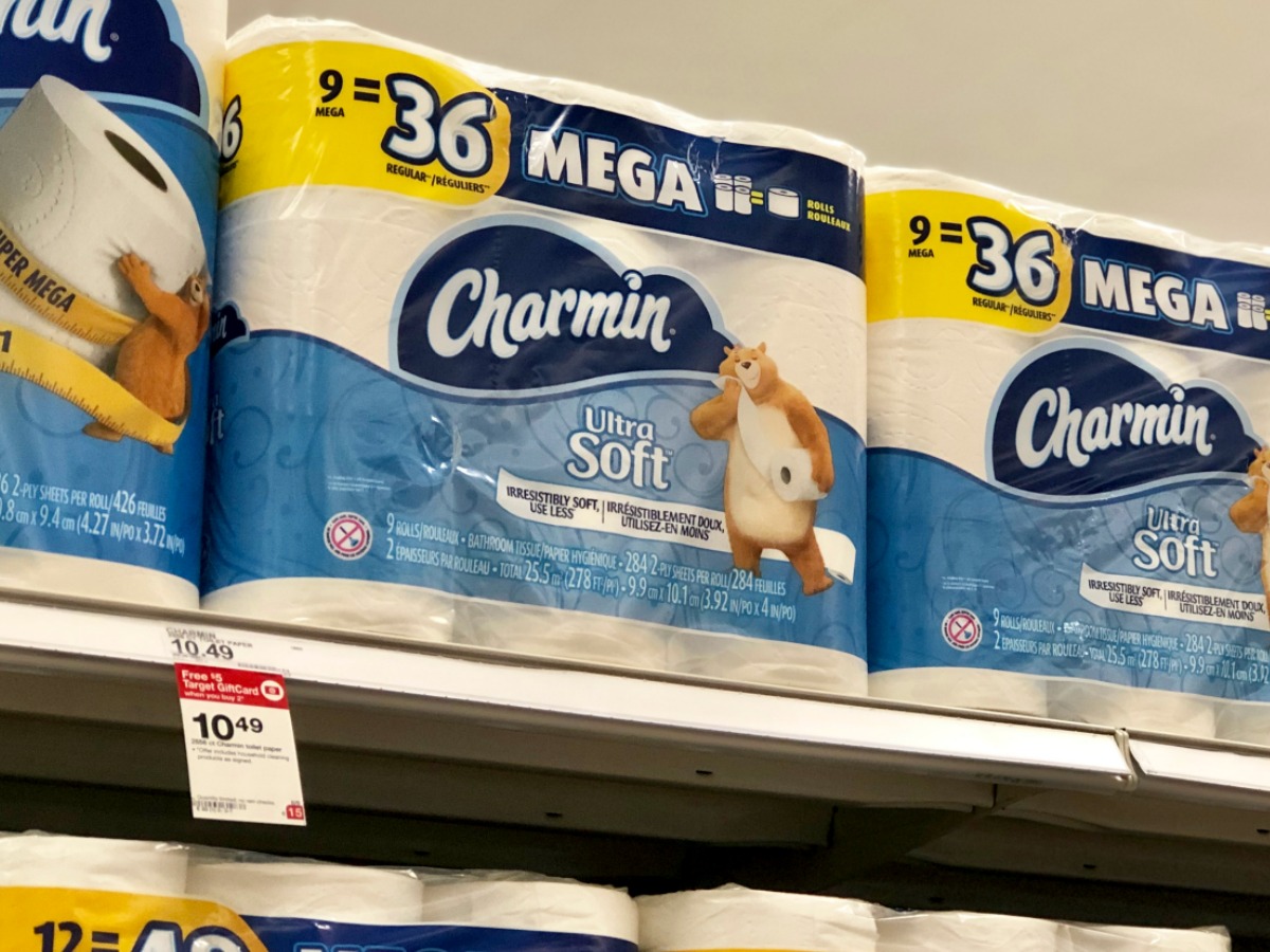 charmin mega roll toilet paper sitting on a shelf at Target