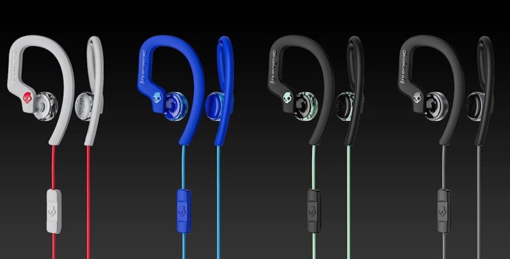skullcandy Chops Flex Sport Earbuds in white, blue, black, and black with multicolor on black background