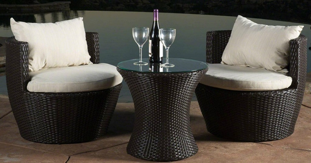 Christopher Knight Home Kyoto Outdoor Patio Furniture Brown Wicker Chat Set with wine and wine glasses by infiniti pool