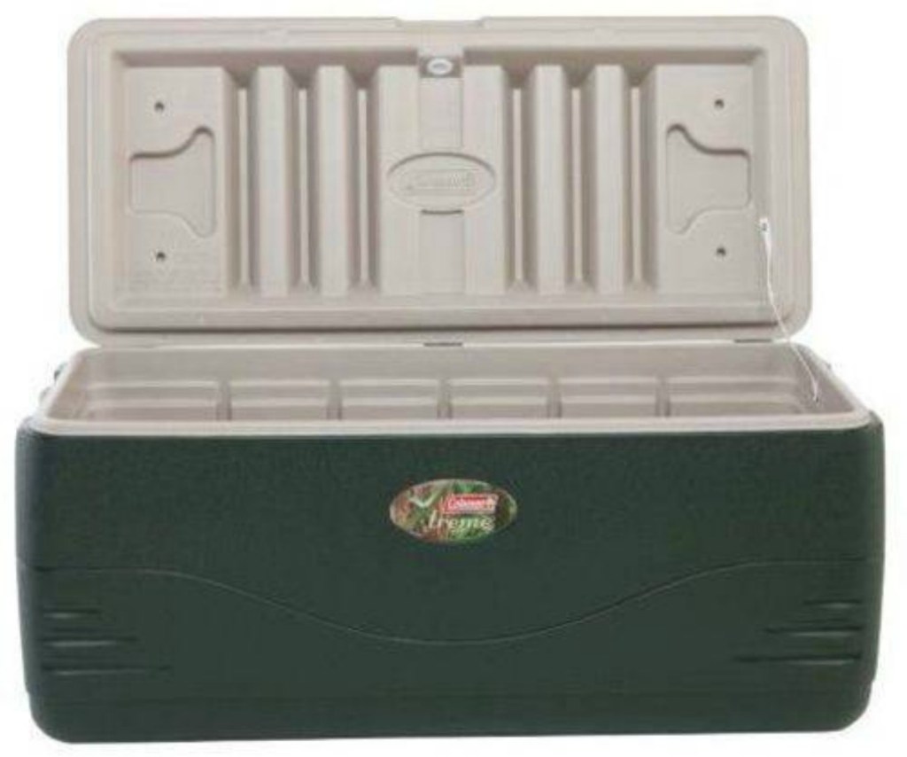 green coleman chest cooler with open white lid