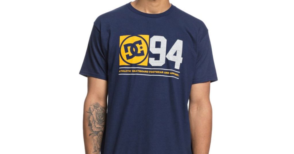 man wearing DC tee shirt DC 94