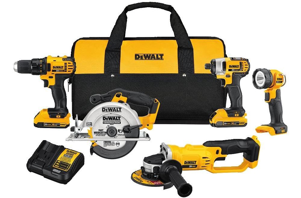 dewalt tool bag, drill, driver, saw and flashlight
