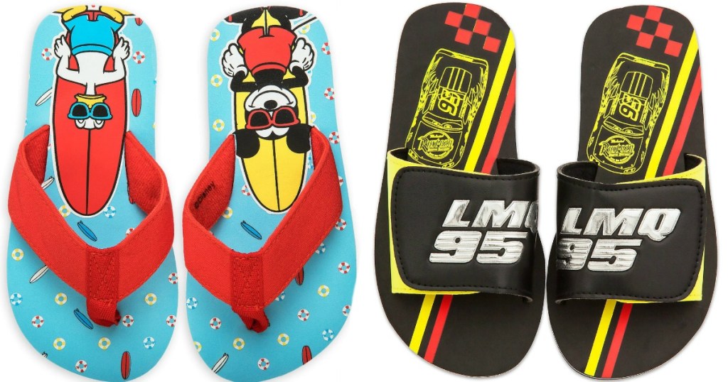 Blue flip flops featuring Daffy Duck and Mickey Mouse next to black slides featuring Lightning McQueen