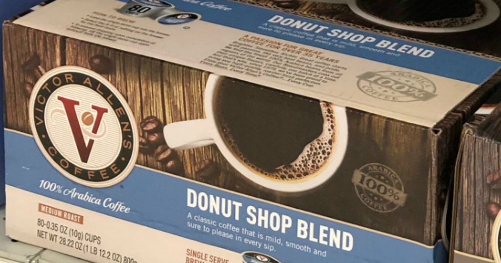 box of Victor Allen's donut shop blend coffee k-cups