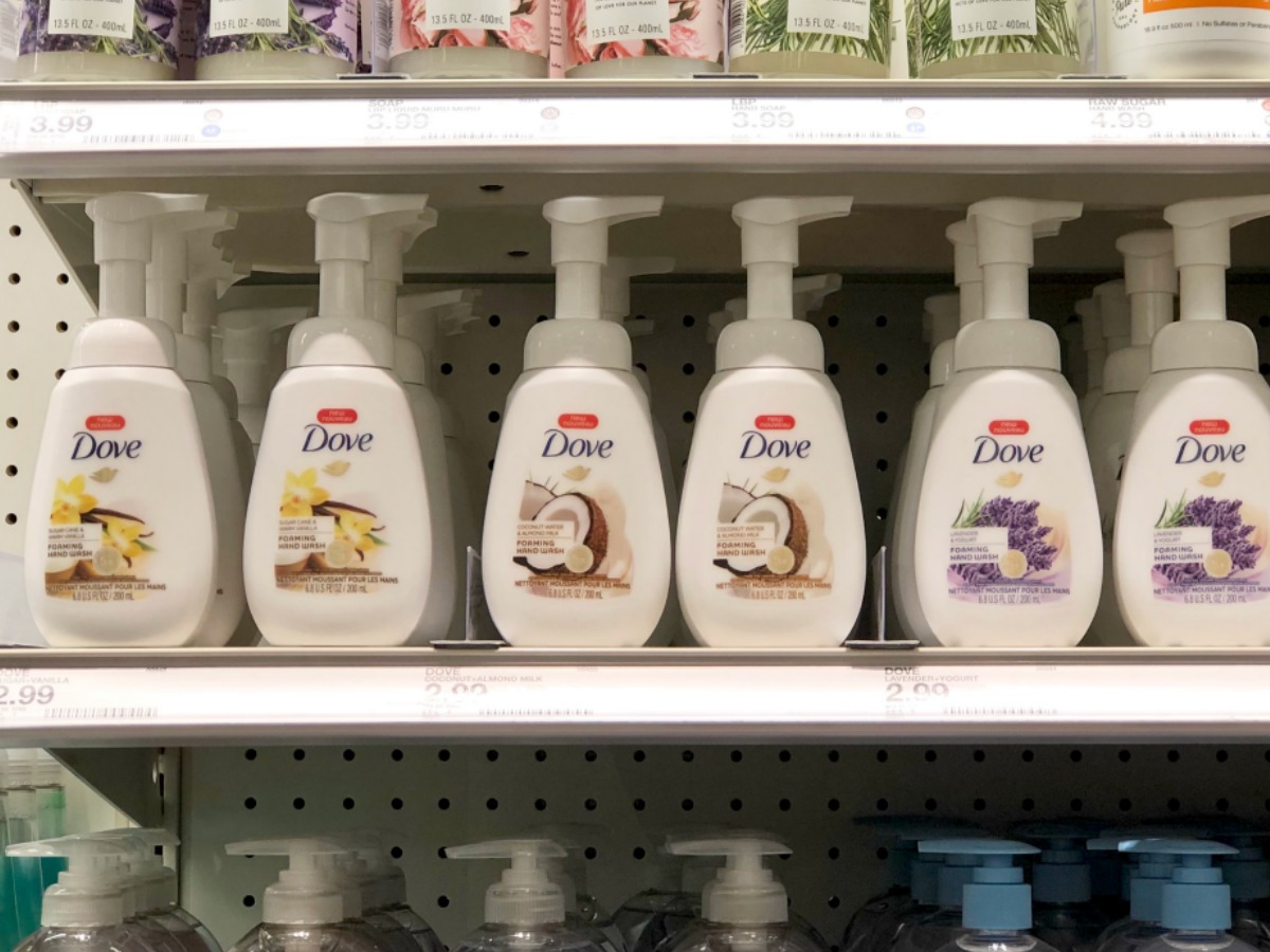 Target shelf full of Dove Foaming hand washes in a variety of scents