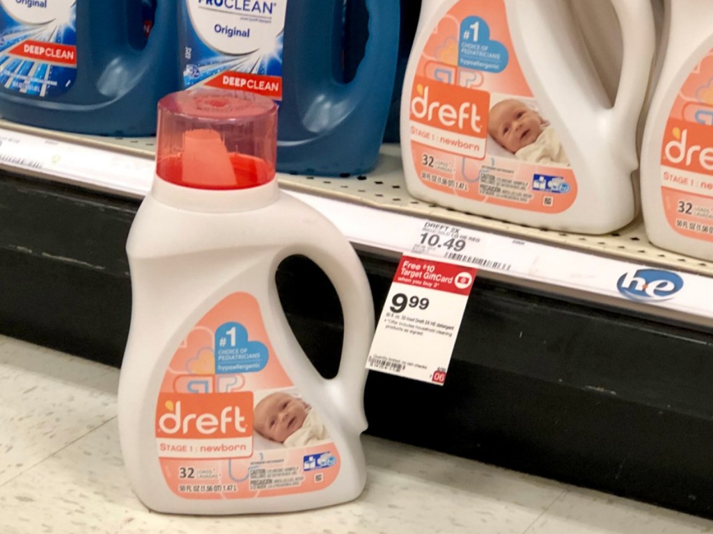 dreft liquid laundry detergent on floor in front of target shelf