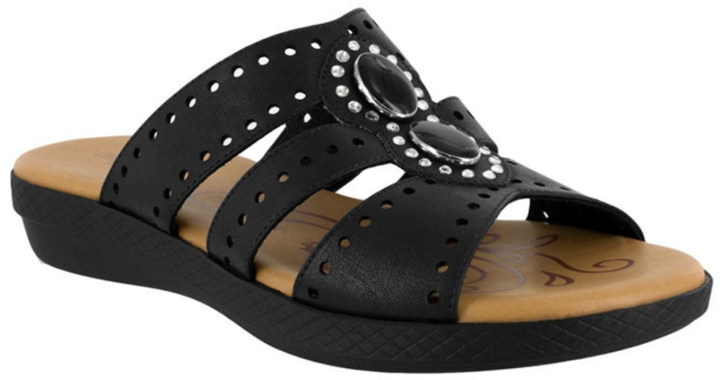 black rhinestone sandals with leather soles