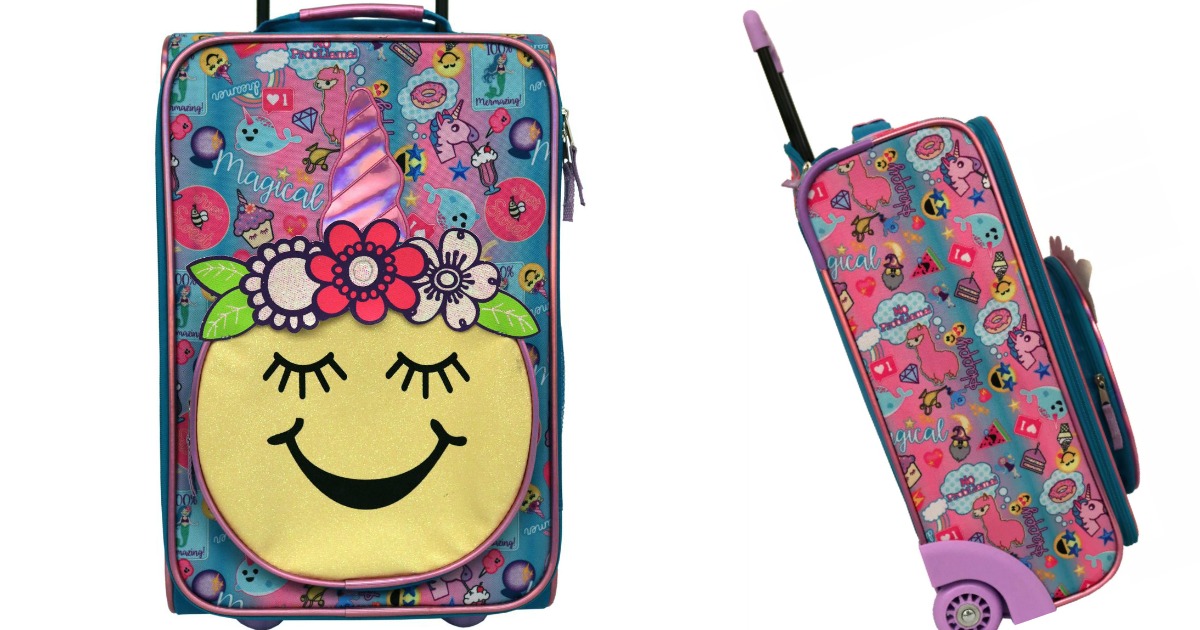 Colorfully patterned rolling suitcase with smily face emoji and unicorn hat
