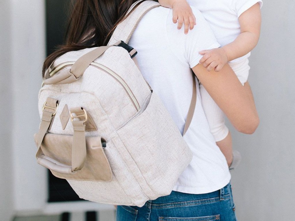Ergobaby Ergonomic Take Along Backpack Bag with mom holding baby