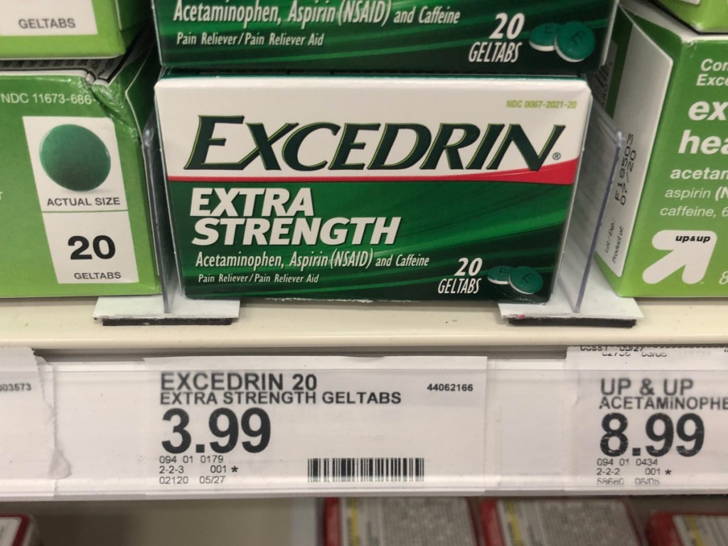 Excedrin Extra Pain Reliever on shelf at Walmart 