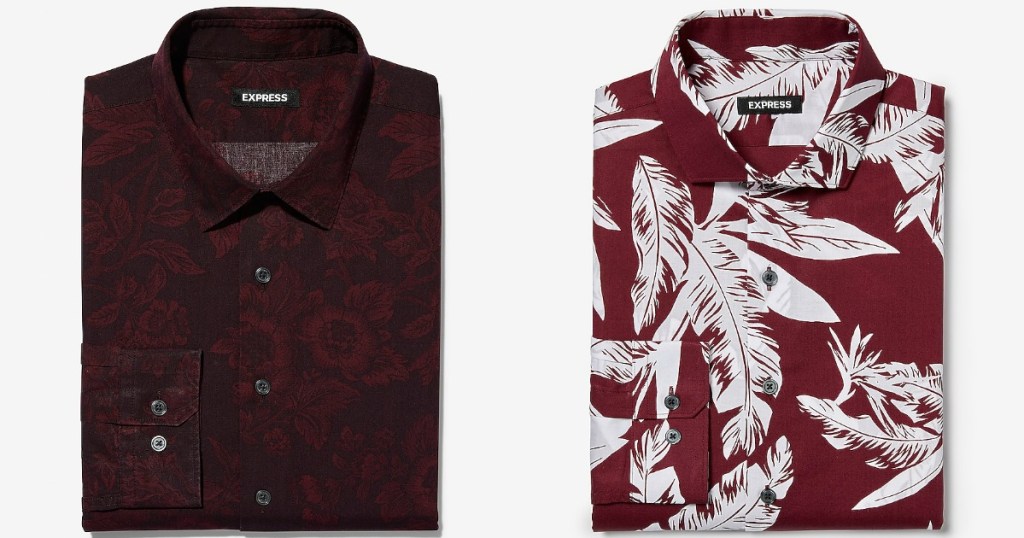 Black dress shirt with floral print next to red dress shirt with palm leaf print 