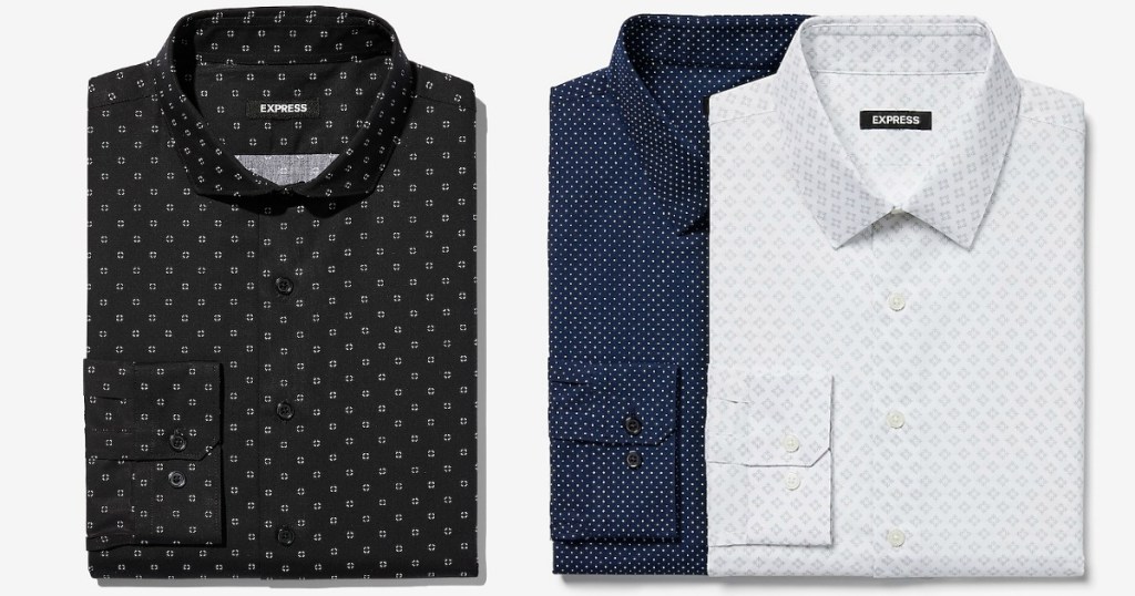 three folded dress shirts in black and white with pattern prints