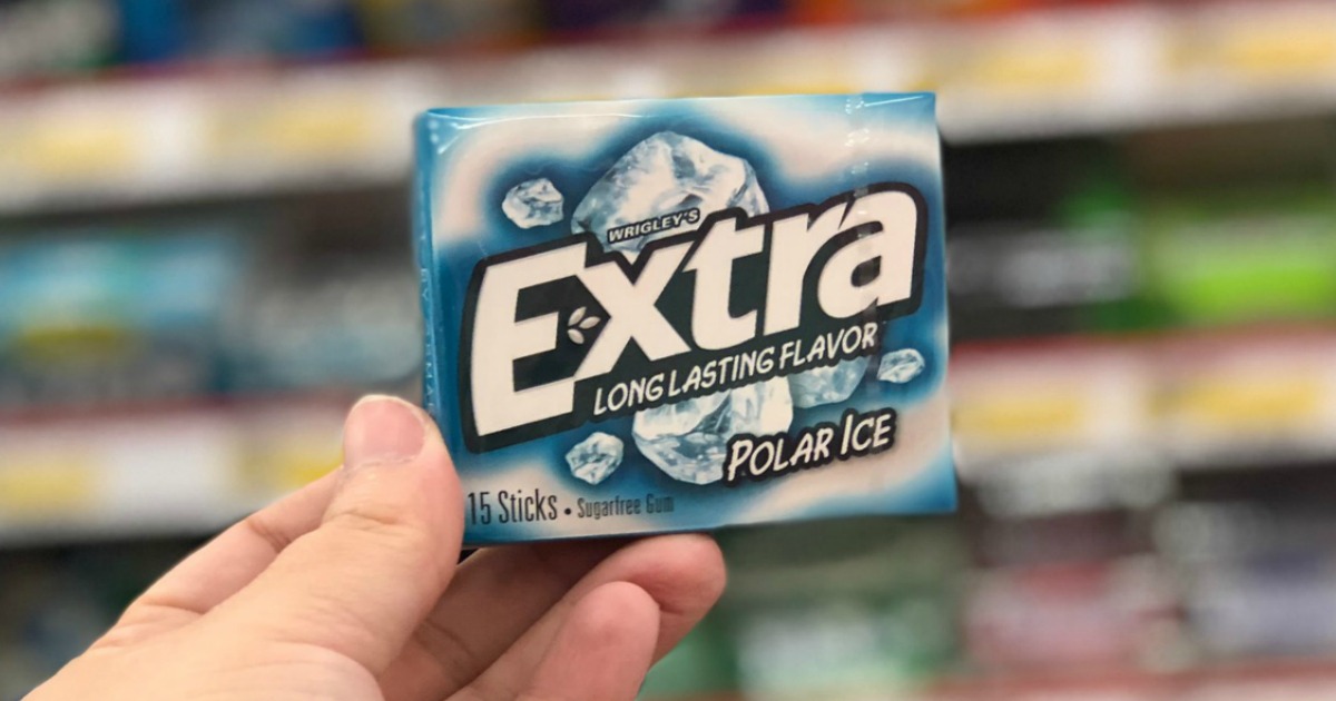 Hand holding a pack of Extra Polar Ice Gum