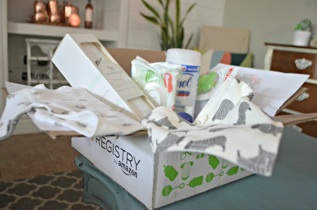 Filled Amazon Baby Registry Box sitting on counter